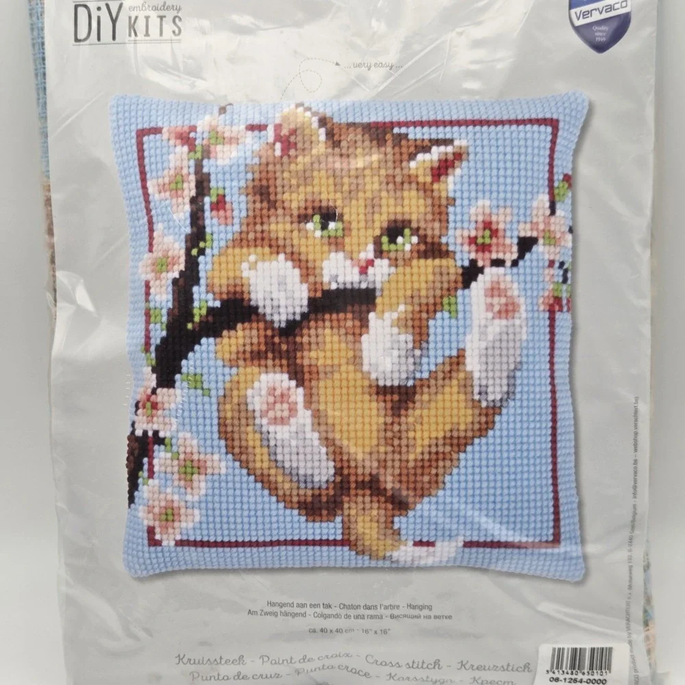 Vervaco Stamped Cross Stitch Cushion Kit Kitten Hanging From A Tree 16